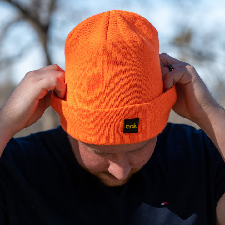 Epik Workwear Orange Beanie Shot in action