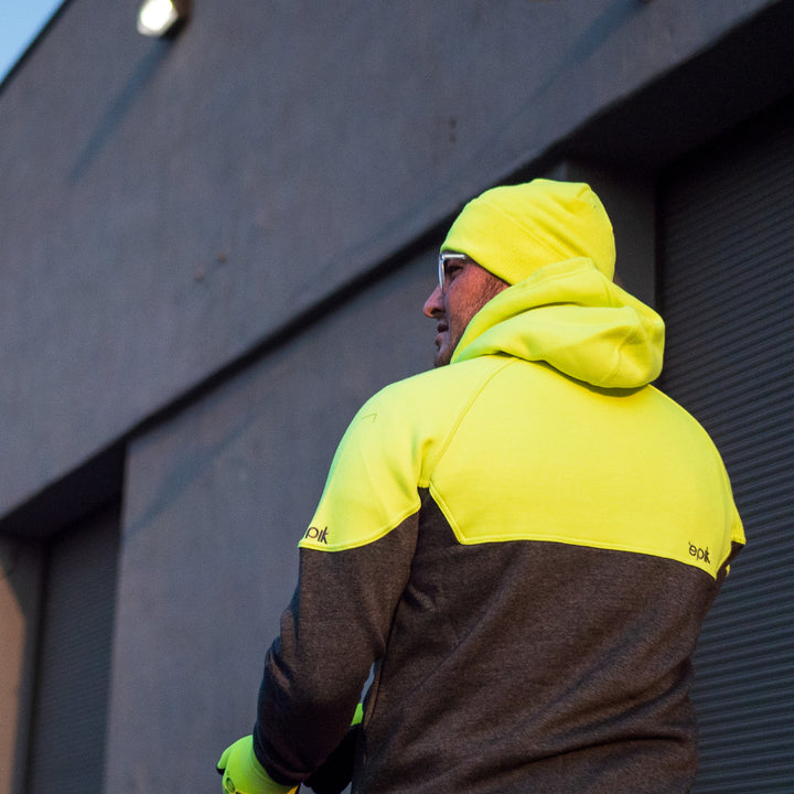 Epik Workwear Hi Vis Yellow Heavy Duty Work Hoodie Outside Warehouse