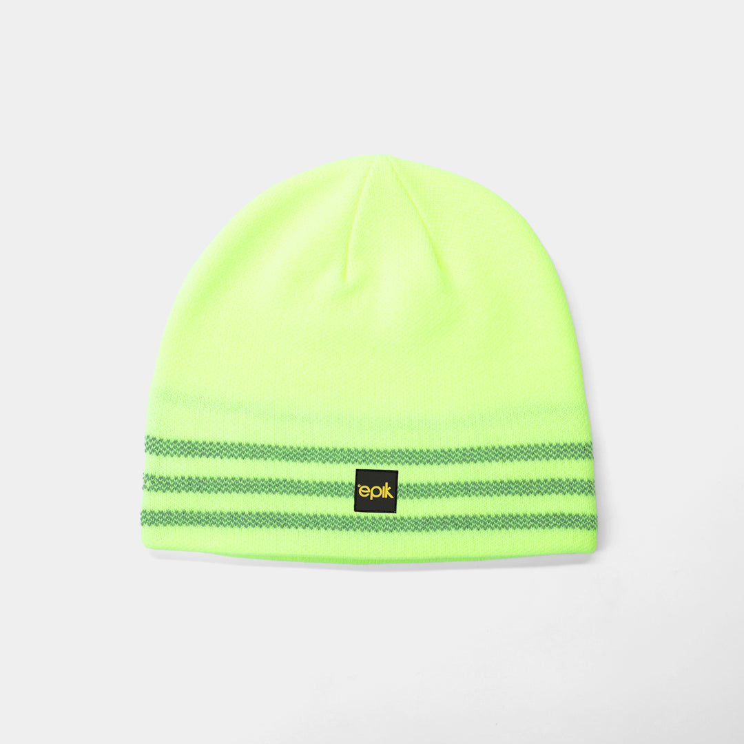 Epik Workwear Reflective Work Beanie with Hi Vis Stitching dual layer 4 stretch yellow lime