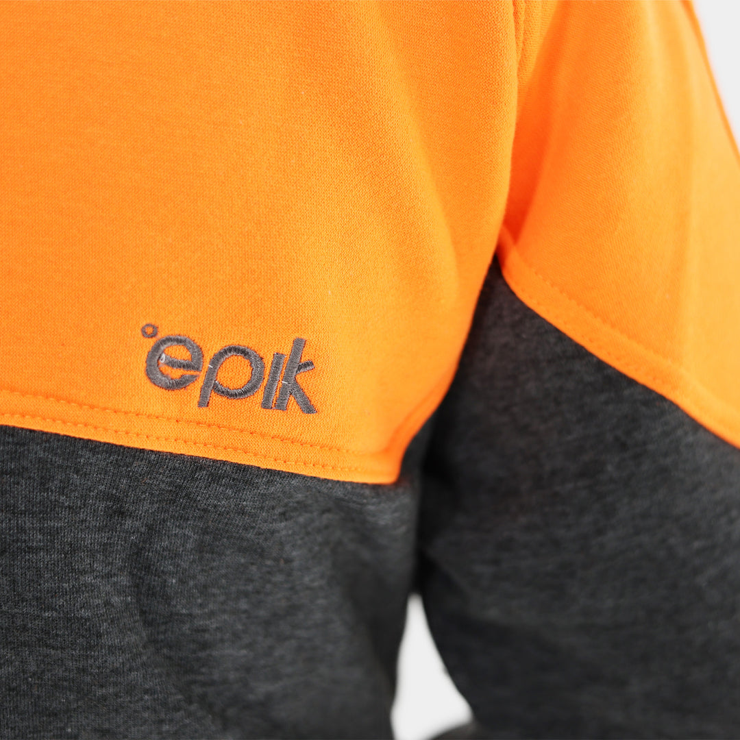 Epik Peak Zip Up Hoodie Hi Vis Orange Back logo close up