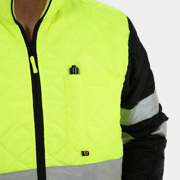 Epik Hi Vis Yellow Lime Agile Quilted ANSI Class 2 Jacket pen holder chest pocket