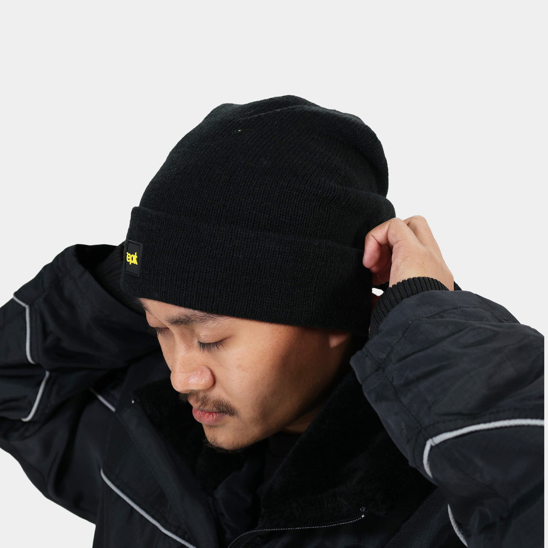 Epik Charcoal Black Thermal Beanie putting it on