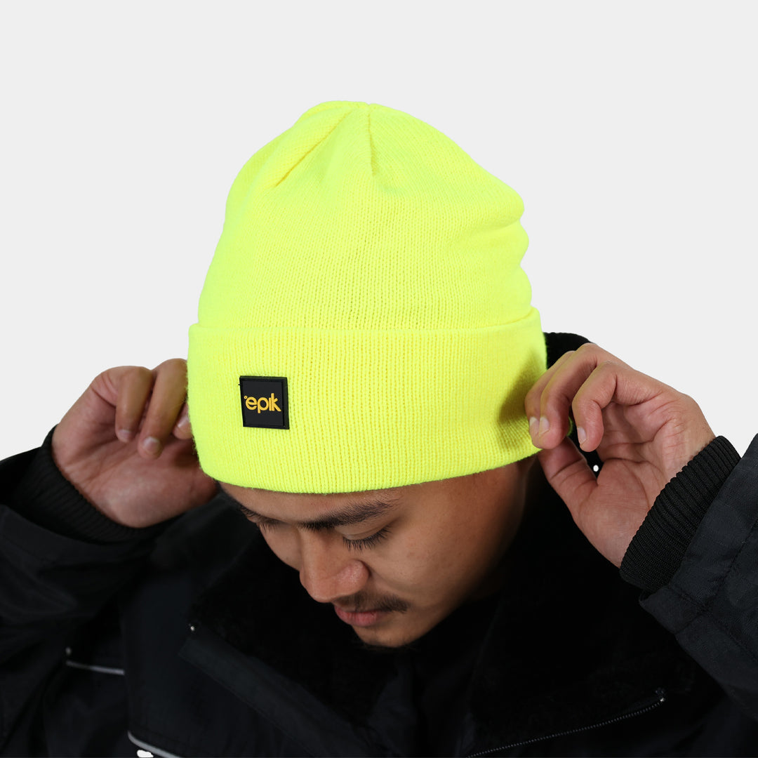Epik Thermal Beanie Hi Vis Yellow pose putting on headwear
