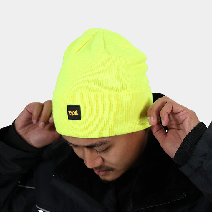 Epik Thermal Beanie Hi Vis Yellow pose putting on headwear