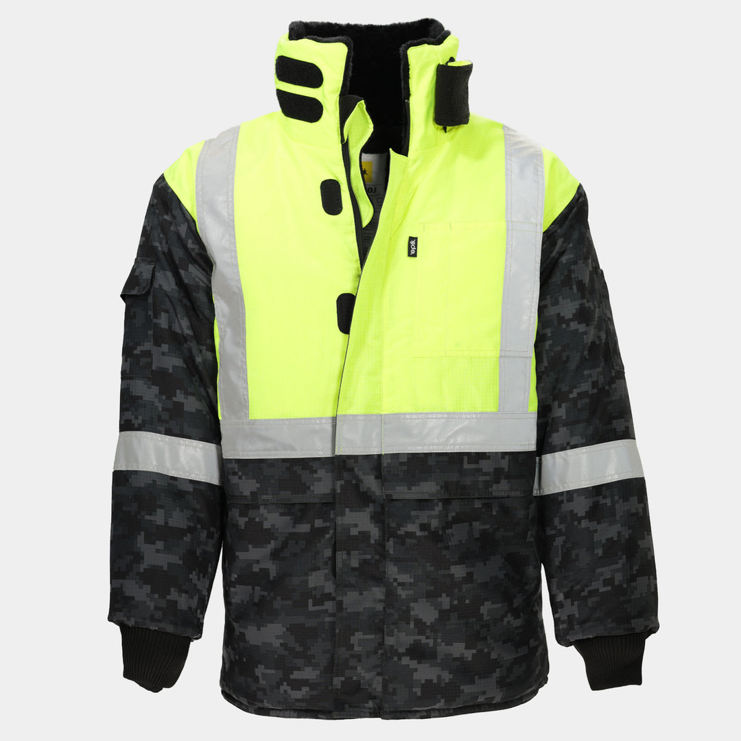 Epik Valor Pro Camo Hi Vis Yellow Freezer Jacket with American Flag Patch PNG