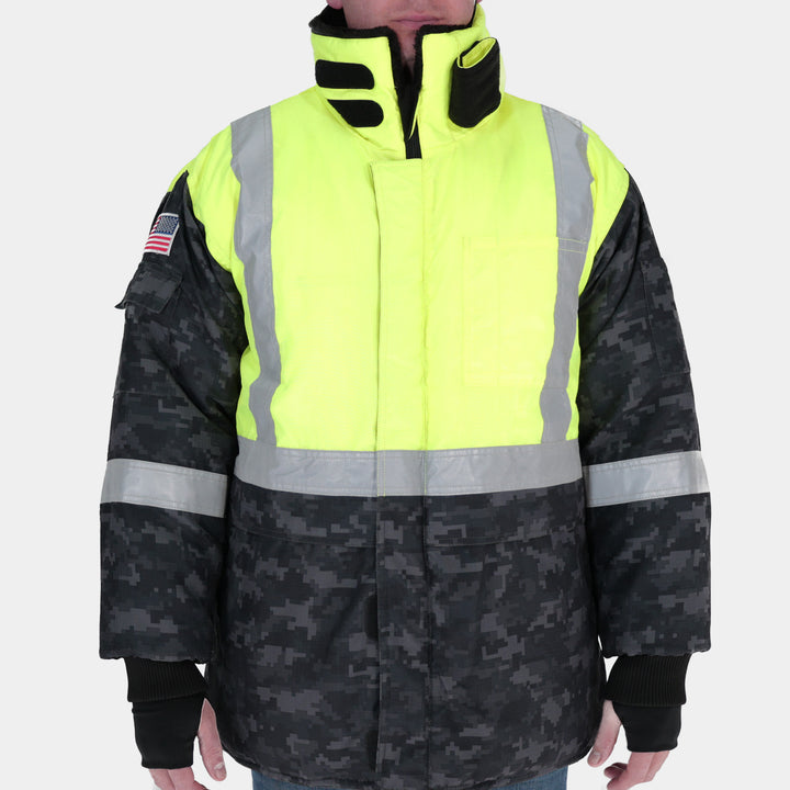 Epik Valor Pro Camo Hi Vis Yellow Freezer Jacket with American Flag Patch Front