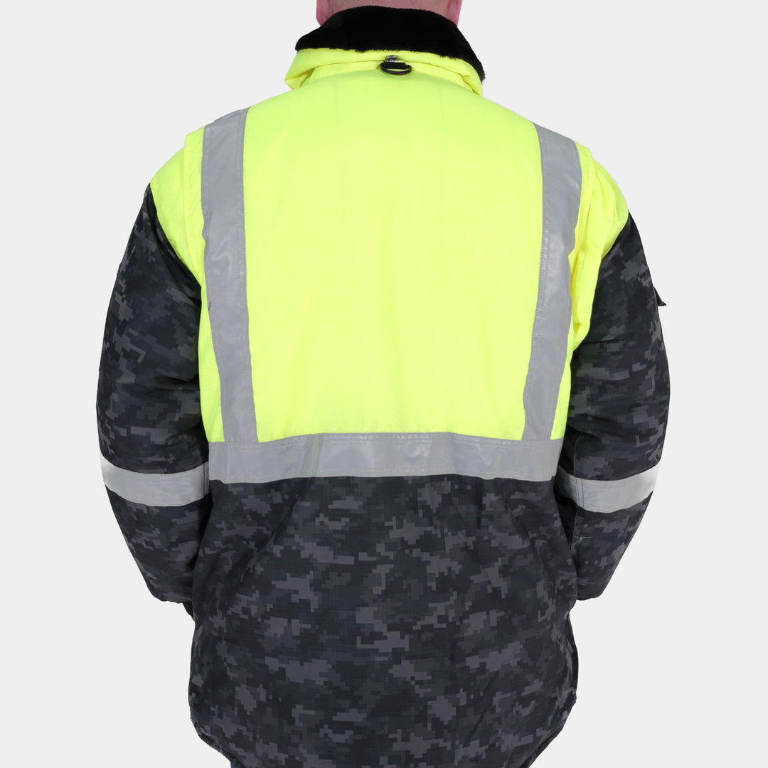 Epik Valor Pro Camo Hi Vis Yellow Freezer Jacket with American Flag Patch Back