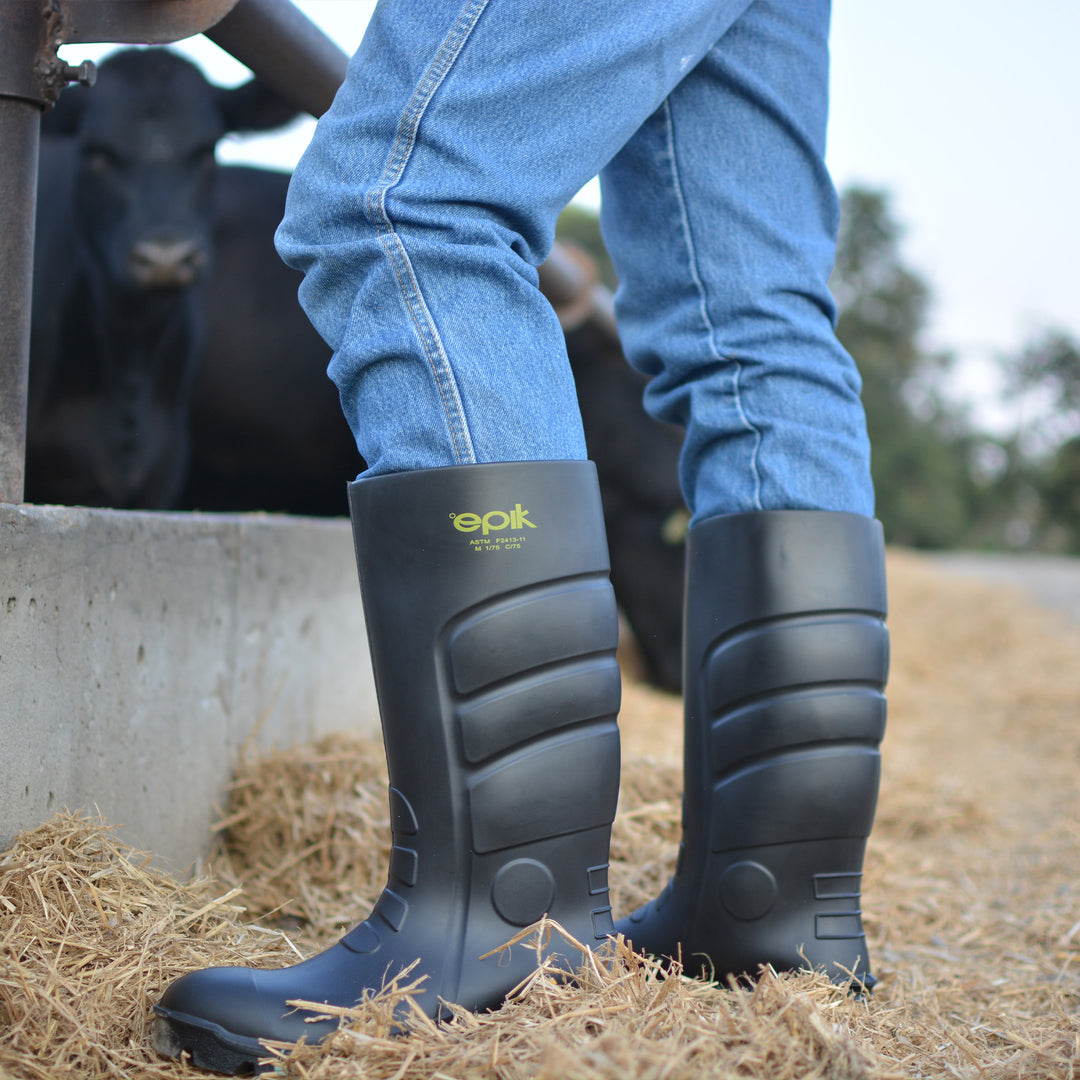 Pace Polyurethane Safety Toe Boot Black Cows on the farm in hay
