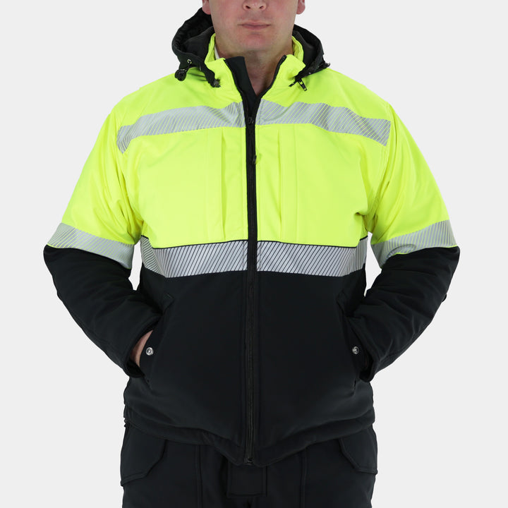 Epik Summit Pro Soft Shell Freezer Jacket in Hi Vis Yellow front pockets
